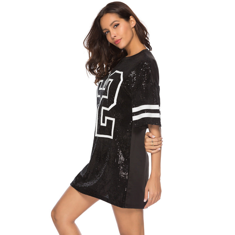 Women Mid-Length Digital Printed Loose T-shirt Sequ Dress