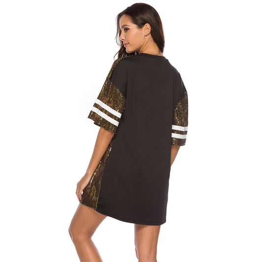 Women Mid-Length Digital Printed Loose T-shirt Sequ Dress