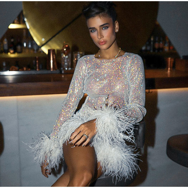 Fashionable Sequ Furry Skirt Set Women Sexy Nightclub Women round Neck Sexy Long Sleeve Short Dress