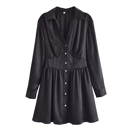 Autumn Women Black Satin Collared Long Sleeve Jewelry Fastener Decoration Shirt Dress - Wanita Store