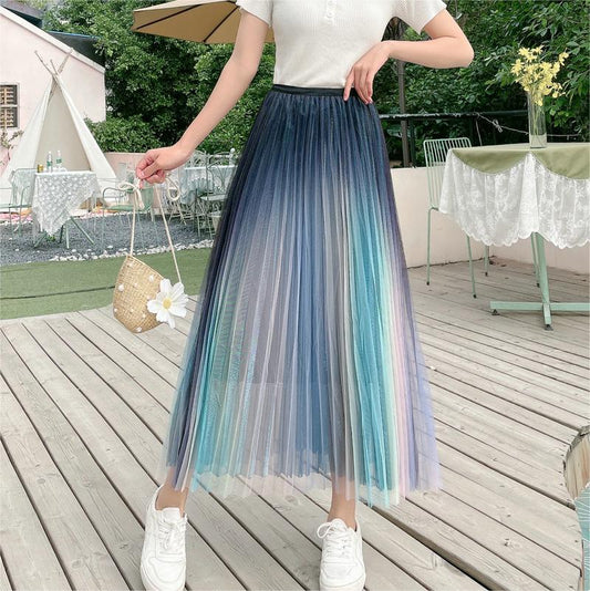 High Waist Slimming Large Hem Double-Layer Mesh Gradient Bright Color Mid-Length Skirt Spring Summer Women 0859