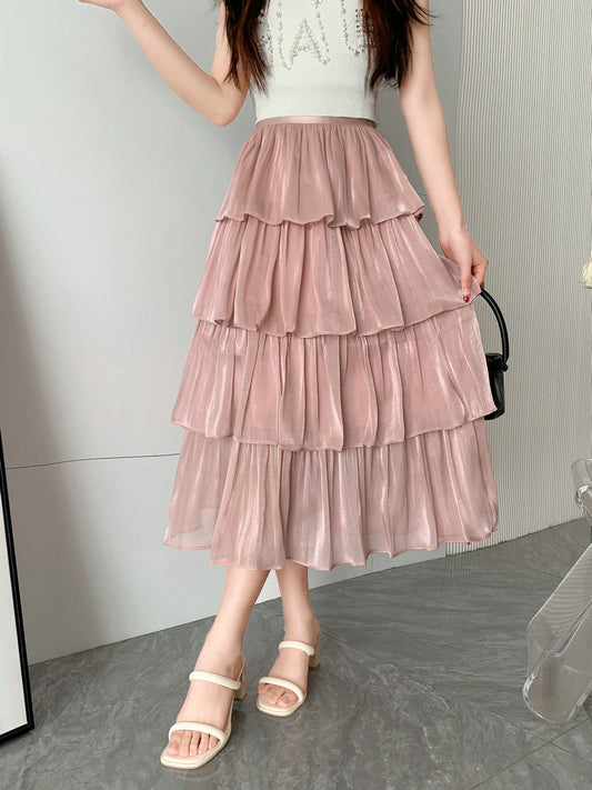 Spring Summer Fresh Casual All-Match Flow Glossy Fabric Tiered Dress Mid Length Skirt Women