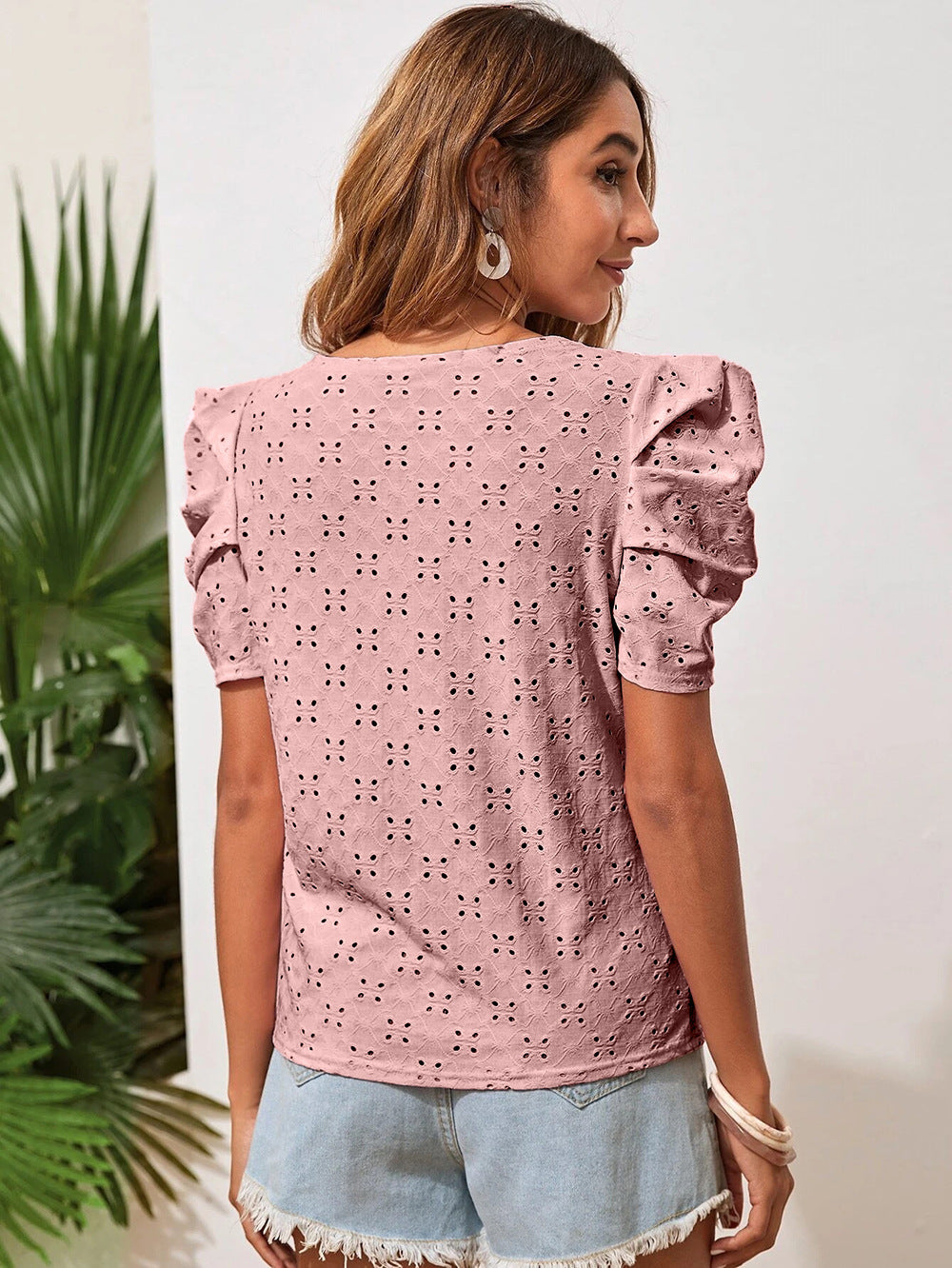 Women Clothes Spring Summer Solid Color T shirt Hollow Out Jacquard round Neck Puff Sleeve Top
