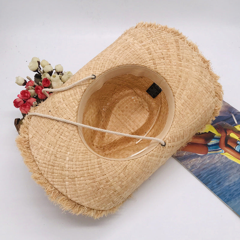 Fashionable Frayed Hem Wide Brim Cowboy Hat Raffia Straw Flanging Hat Seaside Sun Proof Solid Color Straw Hat