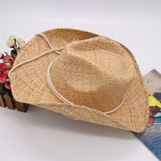 Fashionable Frayed Hem Wide Brim Cowboy Hat Raffia Straw Flanging Hat Seaside Sun Proof Solid Color Straw Hat