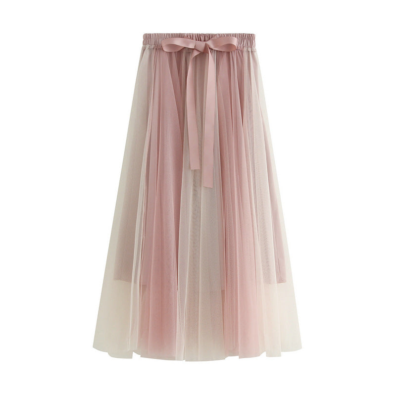 Stitching Gauzy Skirt Autumn Winter Mid-Length A Line Tulle Skirt Long Skirt Fairy Skirt