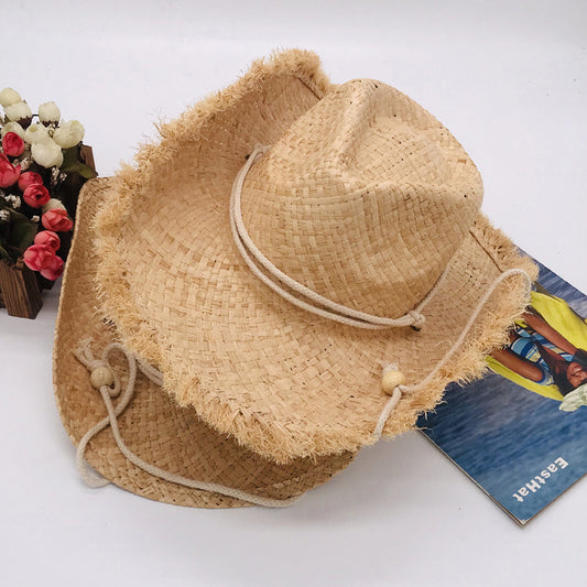 Fashionable Frayed Hem Wide Brim Cowboy Hat Raffia Straw Flanging Hat Seaside Sun Proof Solid Color Straw Hat