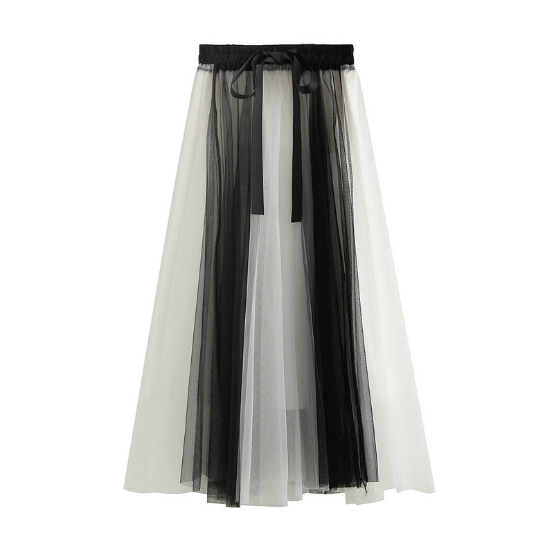 Stitching Gauzy Skirt Autumn Winter Mid-Length A Line Tulle Skirt Long Skirt Fairy Skirt