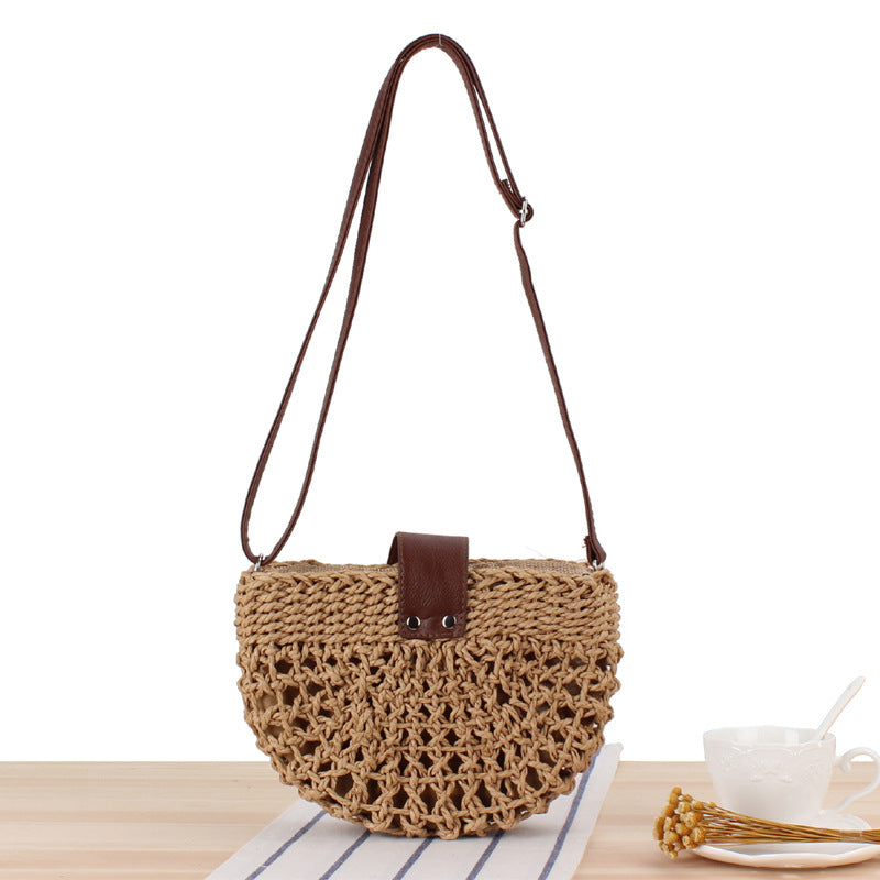 Casual Shoulder Hand-Woven Bag Hollow Out Cutout Semicircle Crossbody Straw Bag Women Bag Beach Bag