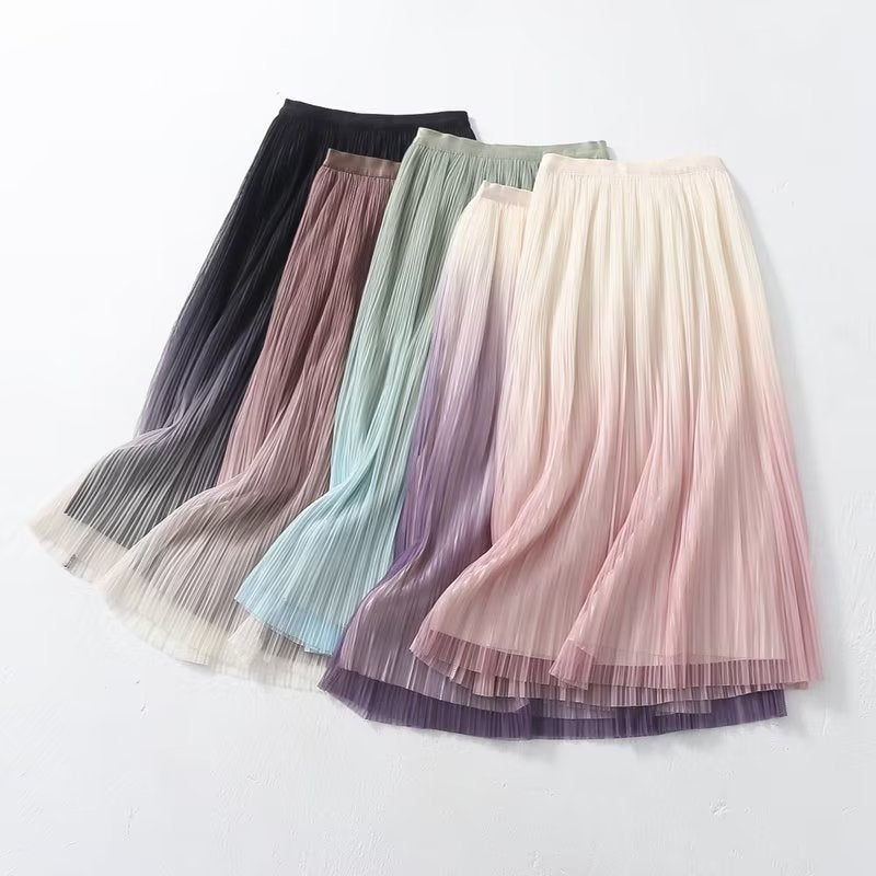 Elegant Graceful Gradient Color Pleated Skirt Spring Summer Light Luxury High Waist A line Skirt