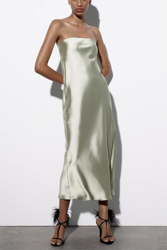 Spring Women Casual Silk Satin Texture Tube Dress