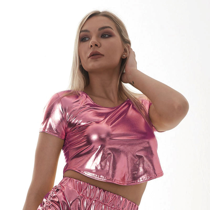 Women Nightclub Stage Wear Short Sleeved Cropped Round Neck Top Performance Wear Sexy Clothes