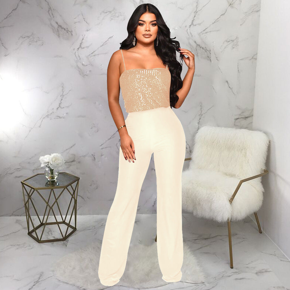 Women Pants Suspender Sequined Jumpsuit