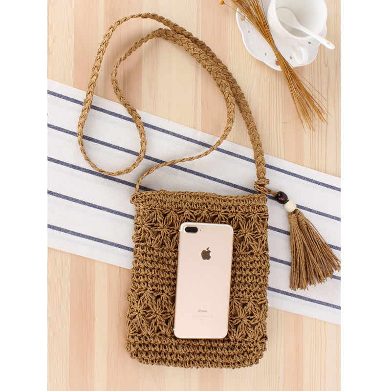 Simple Hollow Out Cutout Tassel Crossbody Straw Bag Hand-Woven Bag Summer Vacation Beach Bag