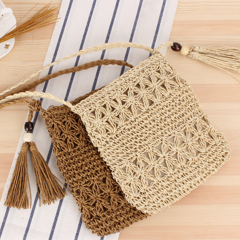 Simple Hollow Out Cutout Tassel Crossbody Straw Bag Hand-Woven Bag Summer Vacation Beach Bag