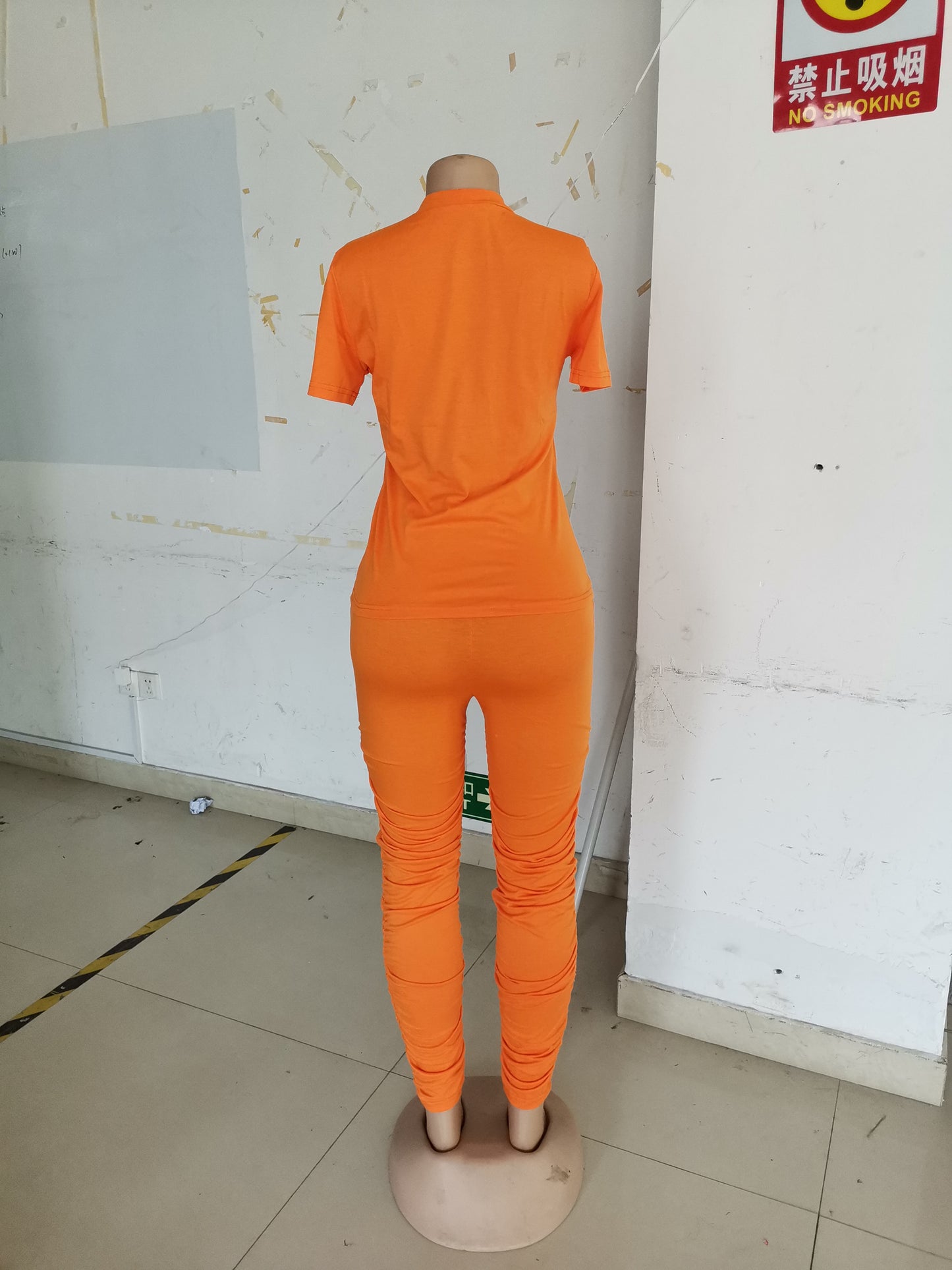 Women Clothing Ruched Short-Sleeved Suit T-shirt Two-Piece Set Solid Color Tight Summer