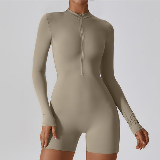 Sollinarry Open Collar Long-Sleeve Zipper One-Piece Dance Fitness Sports Jumpsuit Sexy Tight Yoga Clothes Women