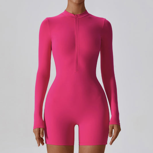 Sollinarry Open Collar Long-Sleeve Zipper One-Piece Dance Fitness Sports Jumpsuit Sexy Tight Yoga Clothes Women