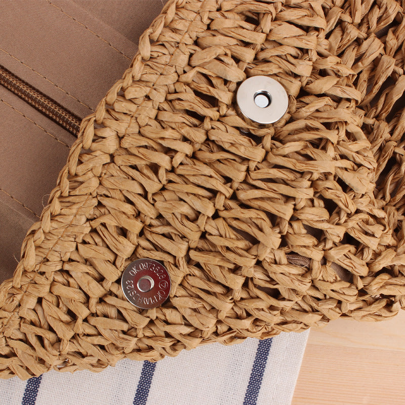 Retro Hand-Woven Bag Large Capacity Portable Hollow Out Cutout Straw Bag Seaside Vacation Beach Bag