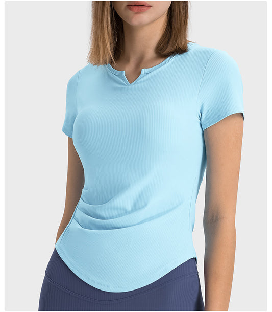 Stripe Rib Pleated Small V neck Sports Short Sleeve Women Fitness Running Slim Slimming Yoga Jacket