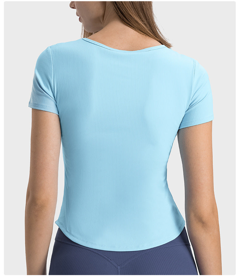 Stripe Rib Pleated Small V neck Sports Short Sleeve Women Fitness Running Slim Slimming Yoga Jacket