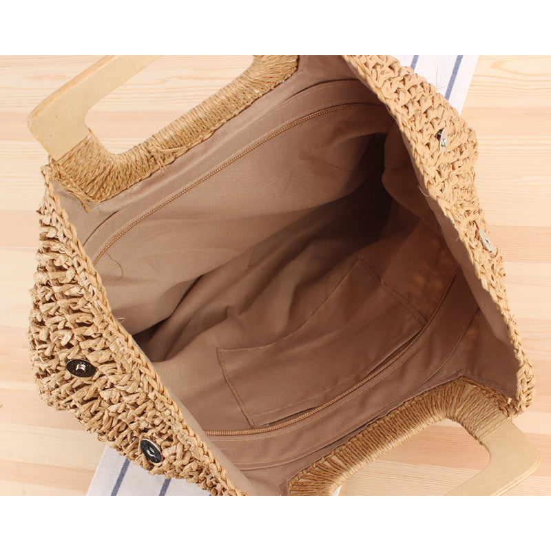 Retro Hand-Woven Bag Large Capacity Portable Hollow Out Cutout Straw Bag Seaside Vacation Beach Bag
