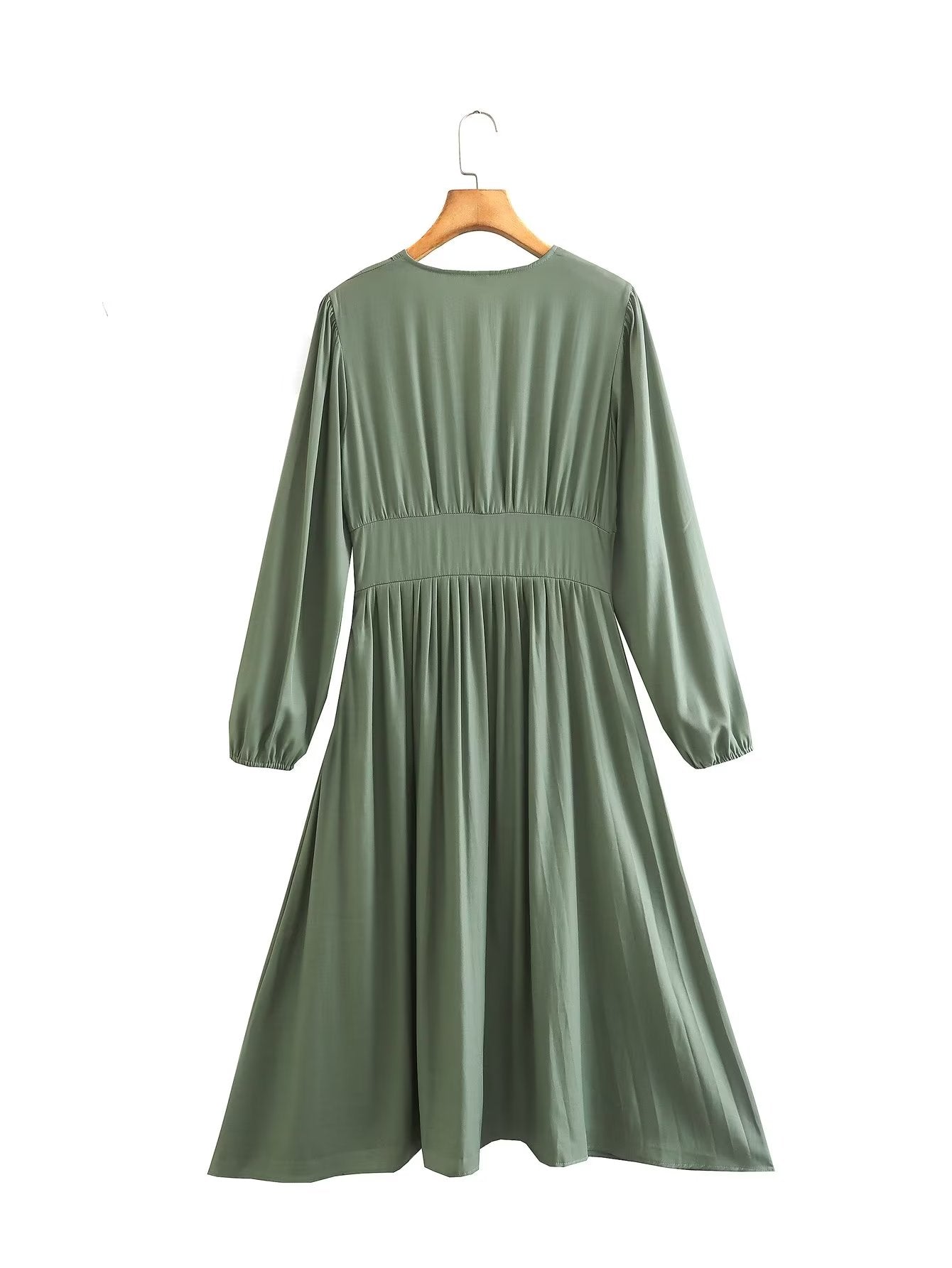 Intellectual Elegant V Neck Dress Autumn Solid Color High Waist A Line Dress Fashionable Pleated Dress Women