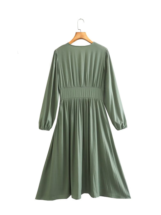 Intellectual Elegant V Neck Dress Autumn Solid Color High Waist A Line Dress Fashionable Pleated Dress Women