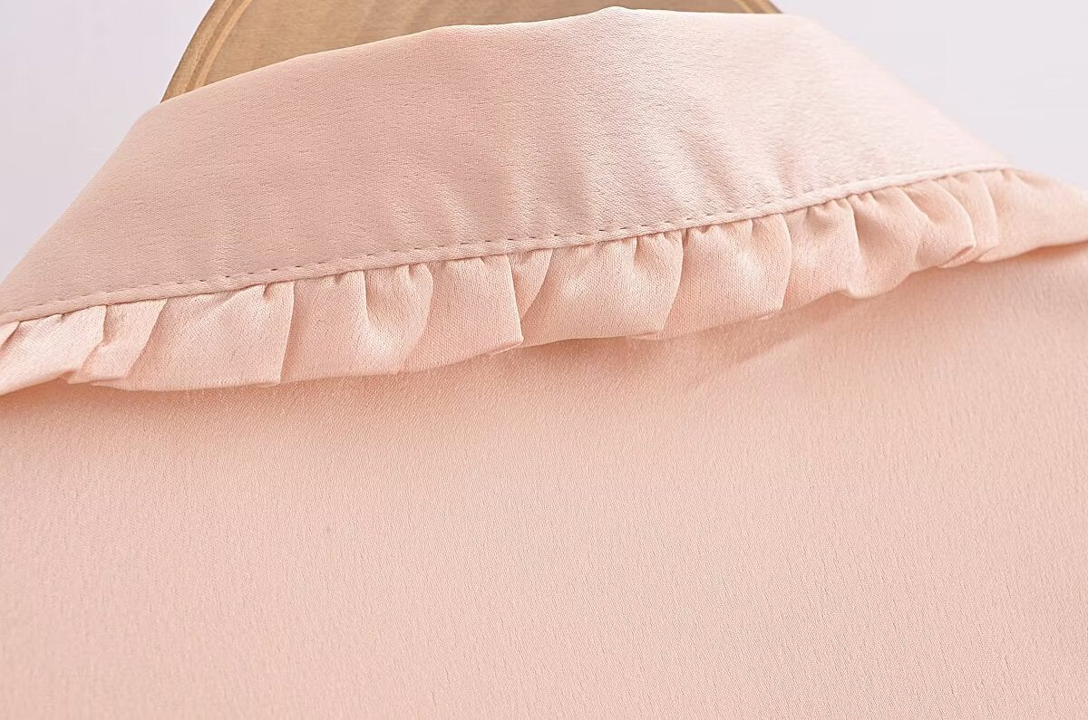 Autumn Casual Women Ruffles Collared Long Sleeve Jewelry Fastener Decoration Solid Color Blouse Top - Wanita Store