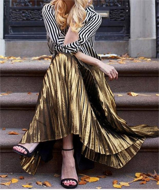Long Skirt Metallic Pleated Skirt Women Mid Length Drape Gold Brushed Skirt Tide