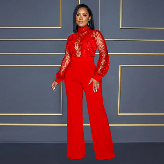 Women Wear Hollow Out Cutout out See through Long Sleeved Trousers Lace up Jumpsuit