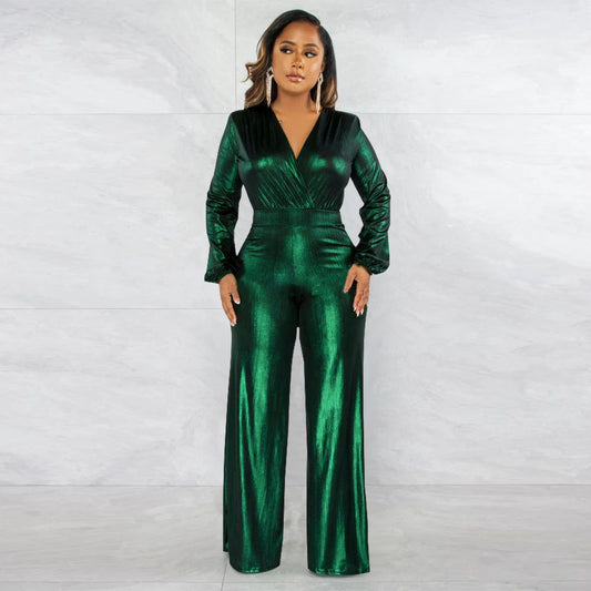 Women Clothing Autumn Sexy V Neck Lantern Sleeve Bronzing Jumpsuit