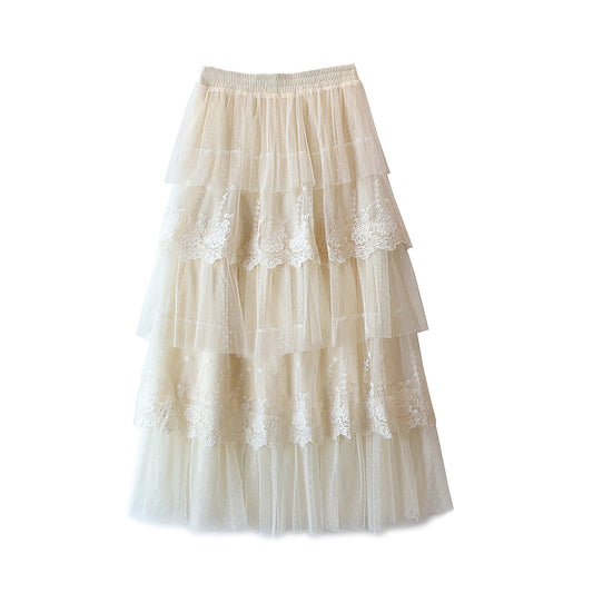 French Lace Stitching Polka Dot Super Fairy Yarn Skirt Autumn Winter with Sweater Embroidered Cake Skirt Korean Women Clothing