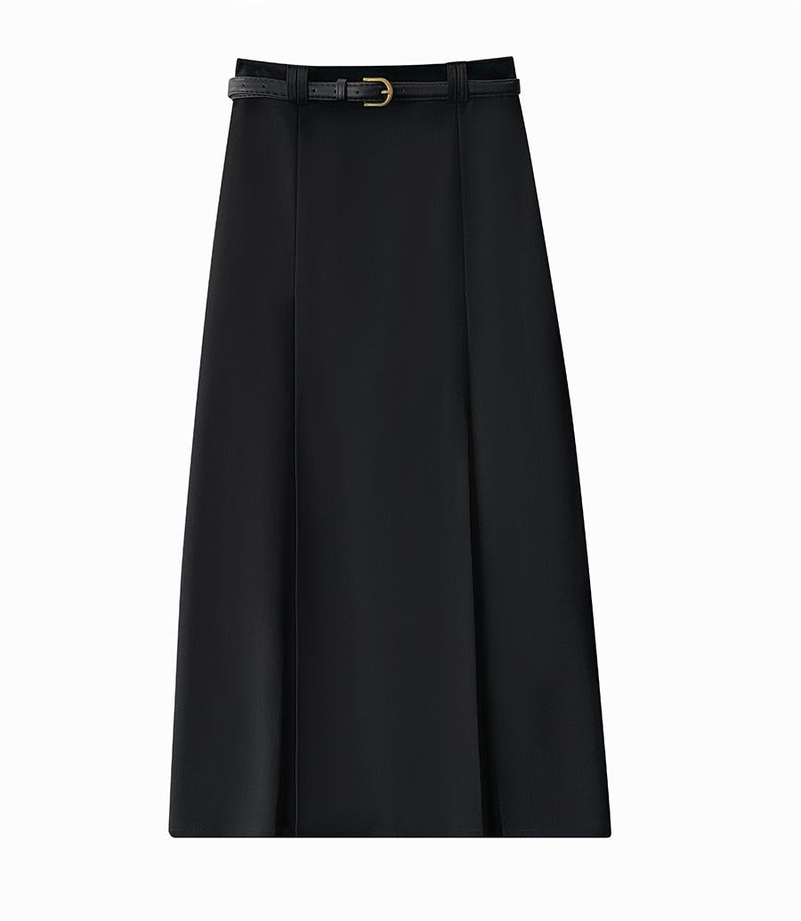Korean Office High Waist Slimming Slit Pleated Skirt Women Spring Summer High Grade Belt Skirt