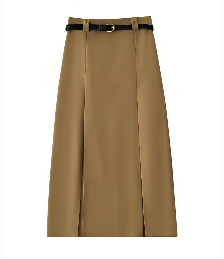 Korean Office High Waist Slimming Slit Pleated Skirt Women Spring Summer High Grade Belt Skirt