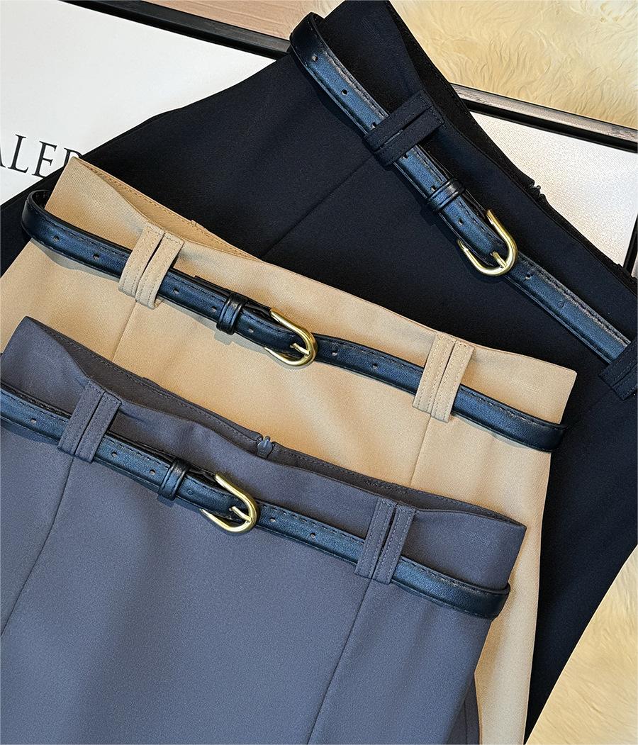 Korean Office High Waist Slimming Slit Pleated Skirt Women Spring Summer High Grade Belt Skirt