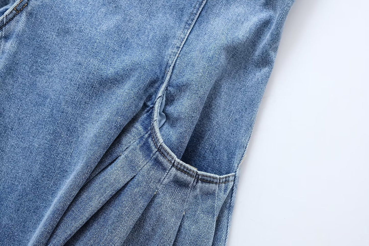 Women Clothing French Casual Pleated Washed Denim Dress Chic