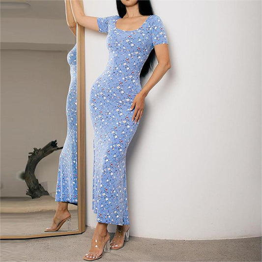 Women Clothing Summer Printed Round Neck Short Sleeve Waist Controlled Slimming Sheath Dress Women