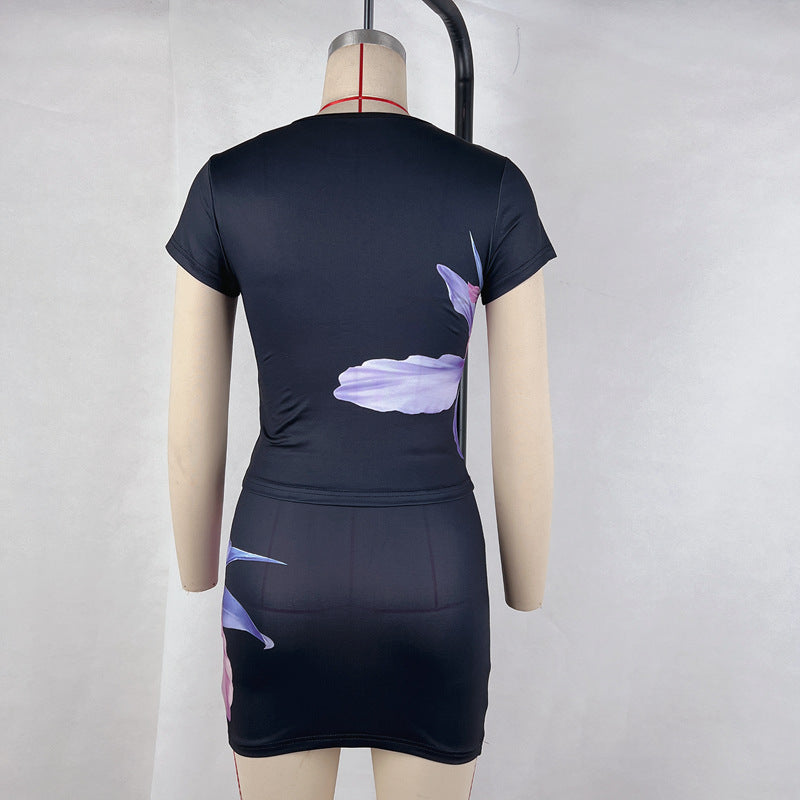 Women Clothing Summer Short Sleeved Printed Hip Skirt Set Women High Grade Suit Two Piece Skirt