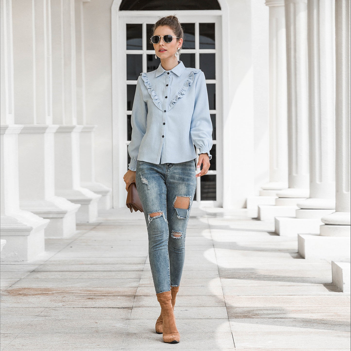 Women Spring Summer Autumn Outer Model Casual Top Wooden Ear Lantern Sleeve Corduroy Shirt