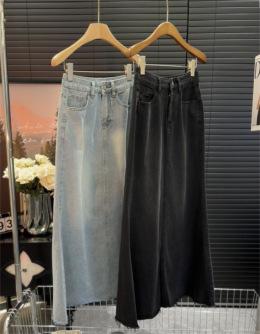 Retro Fishtail Frayed Denim Skirt Women Mid Length Spring Summer Half Length Skirt A Line Slimming Hip Skirt