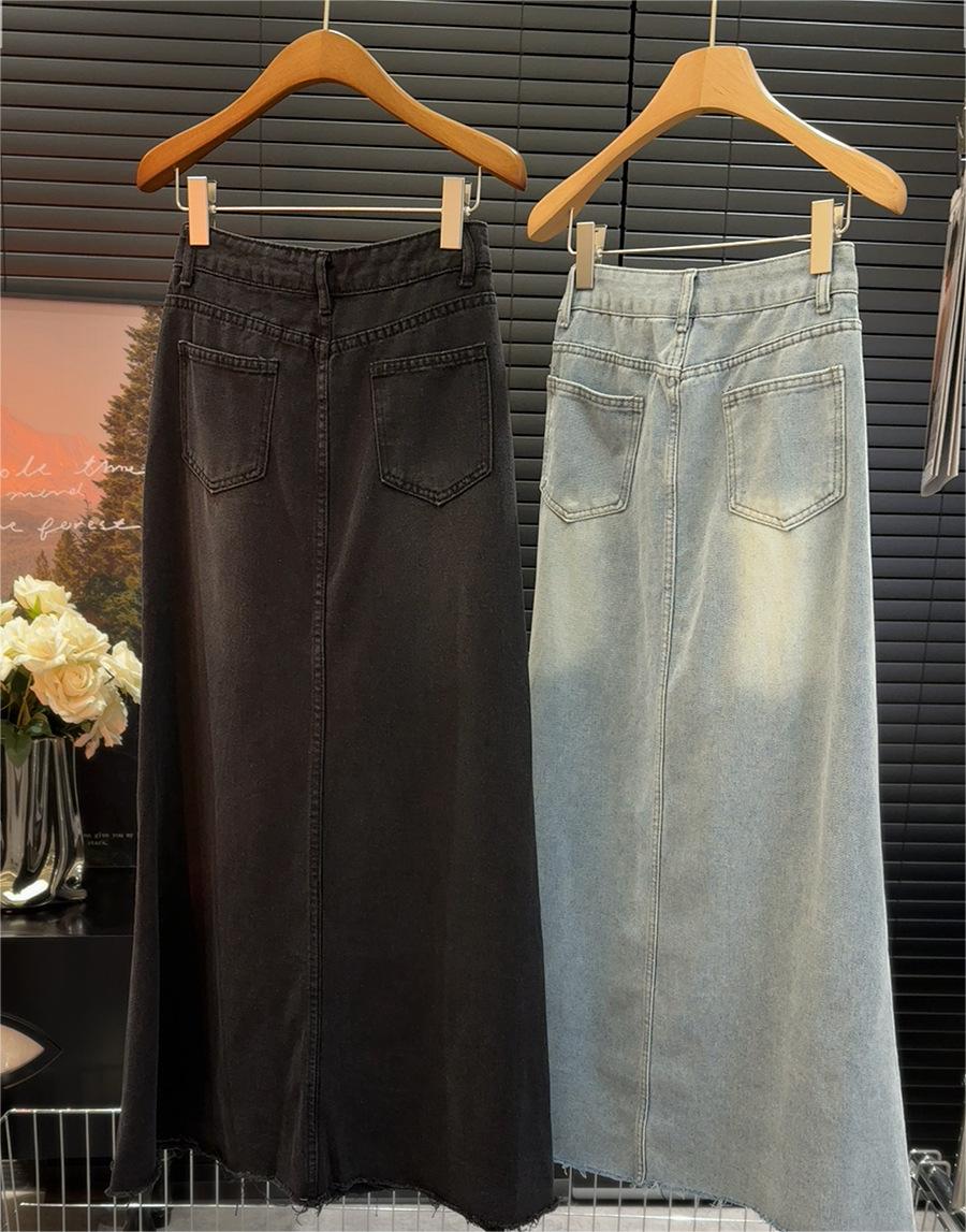 Retro Fishtail Frayed Denim Skirt Women Mid Length Spring Summer Half Length Skirt A Line Slimming Hip Skirt