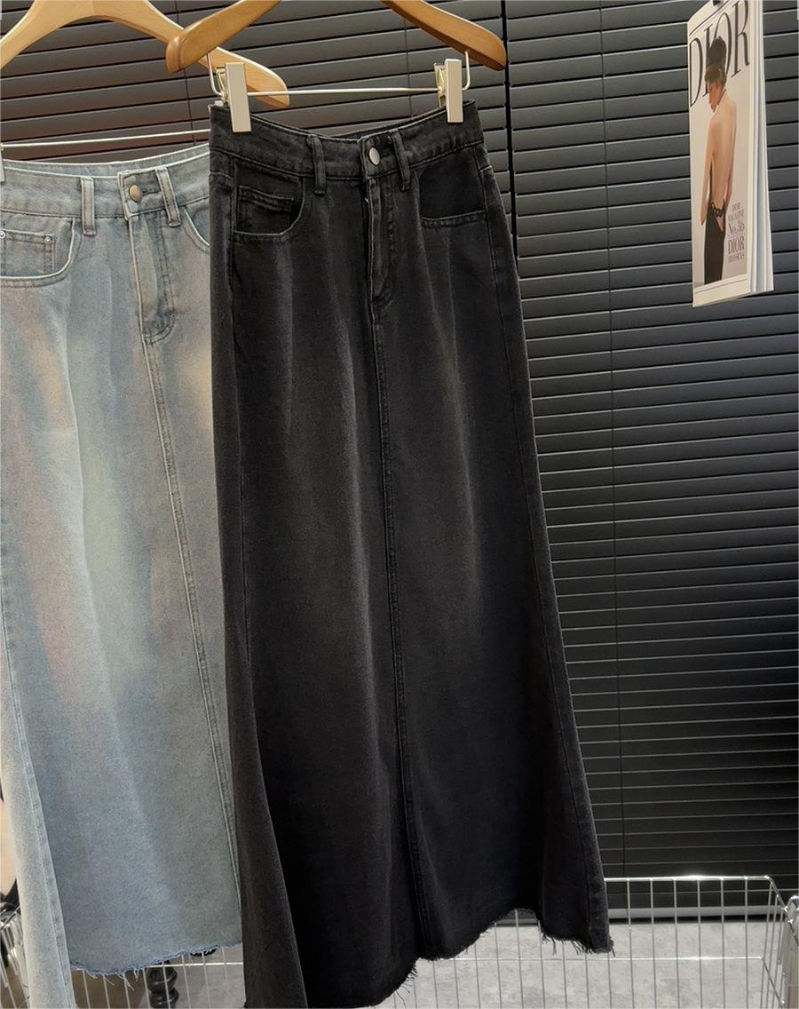 Retro Fishtail Frayed Denim Skirt Women Mid Length Spring Summer Half Length Skirt A Line Slimming Hip Skirt