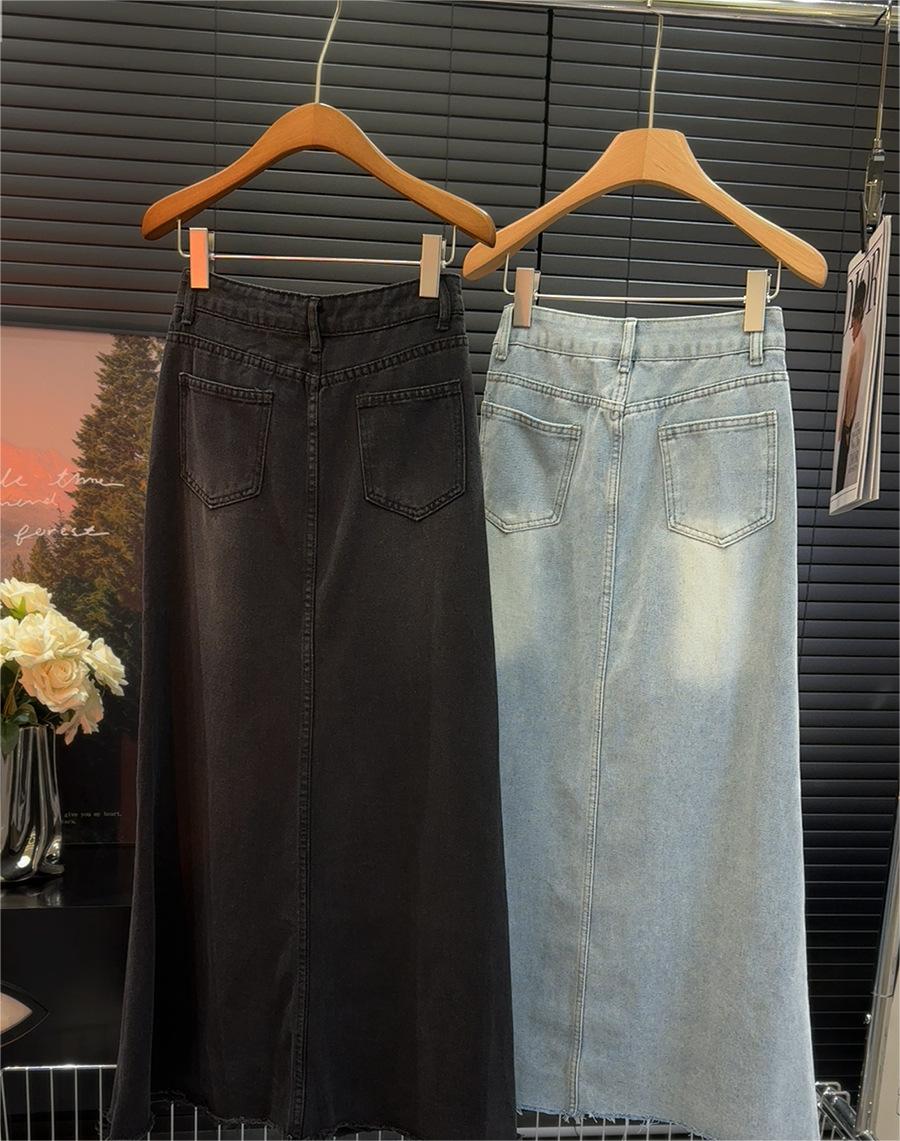 Retro Fishtail Frayed Denim Skirt Women Mid Length Spring Summer Half Length Skirt A Line Slimming Hip Skirt
