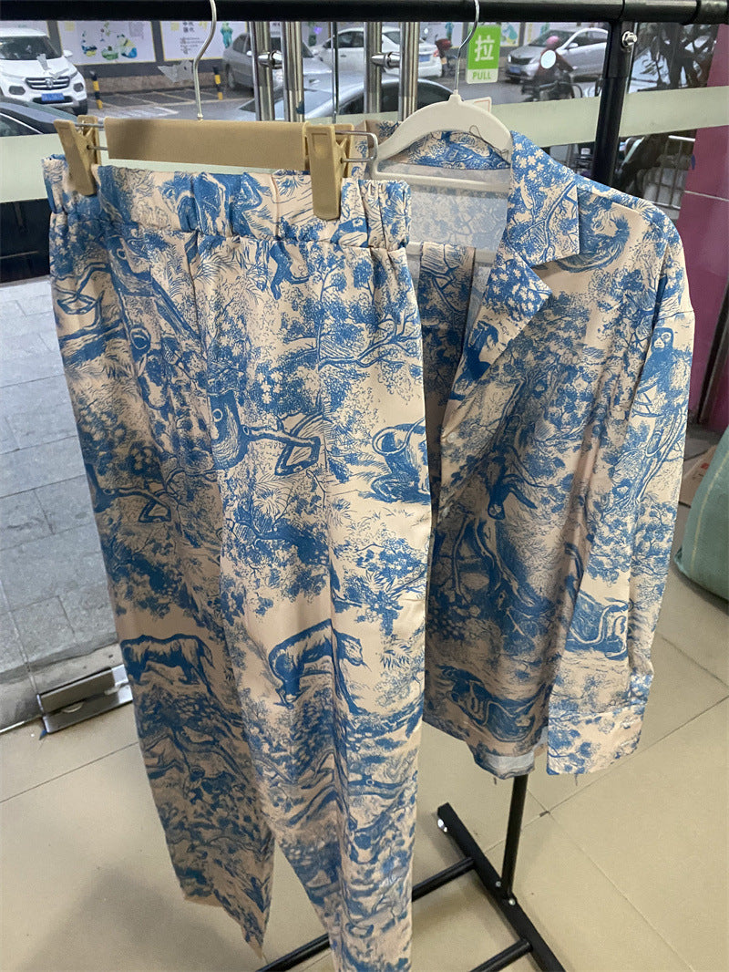 70French Print Long Sleeve Lace up Shirt High Waist Wide Leg Pants Women Sets