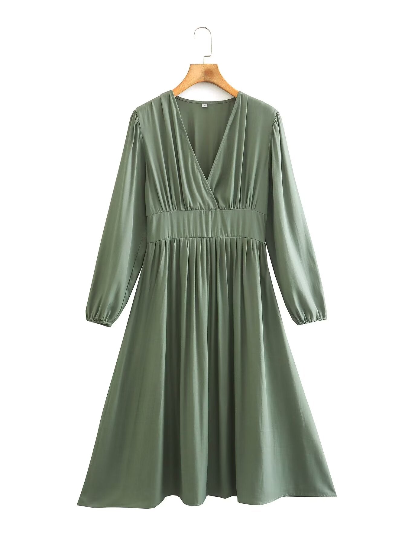 Spring Women Clothing Army Green Long Sleeve Pleated Dress