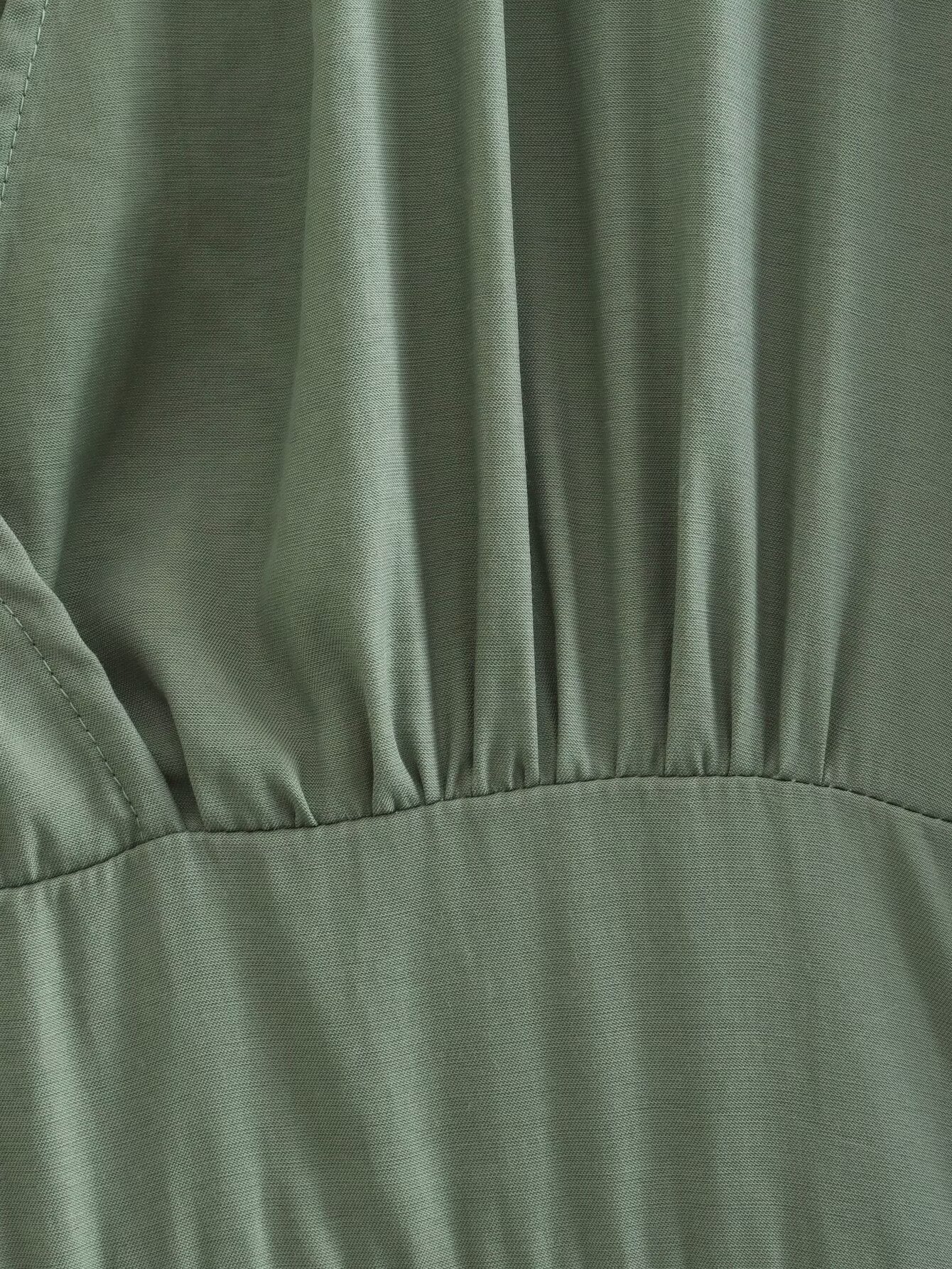 Spring Women Clothing Army Green Long Sleeve Pleated Dress