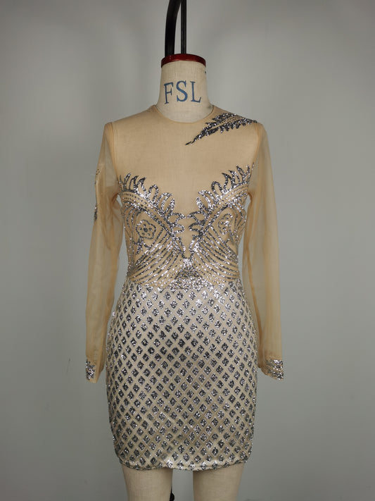 Spring Summer Women Clothing Sexy Gold Sprinkle Bead Film Cocktail Dress Hip Dress