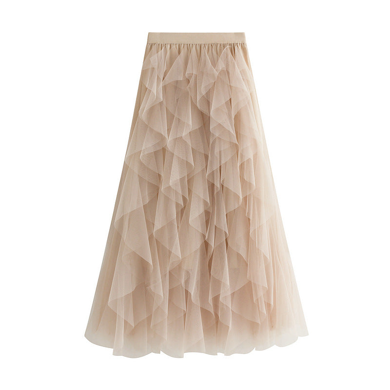 Autumn Winter Korean Elastic Waistband Fashionable All Matching Slimming Mesh Stitching Irregular Asymmetric Mid Length High Waist Skirt