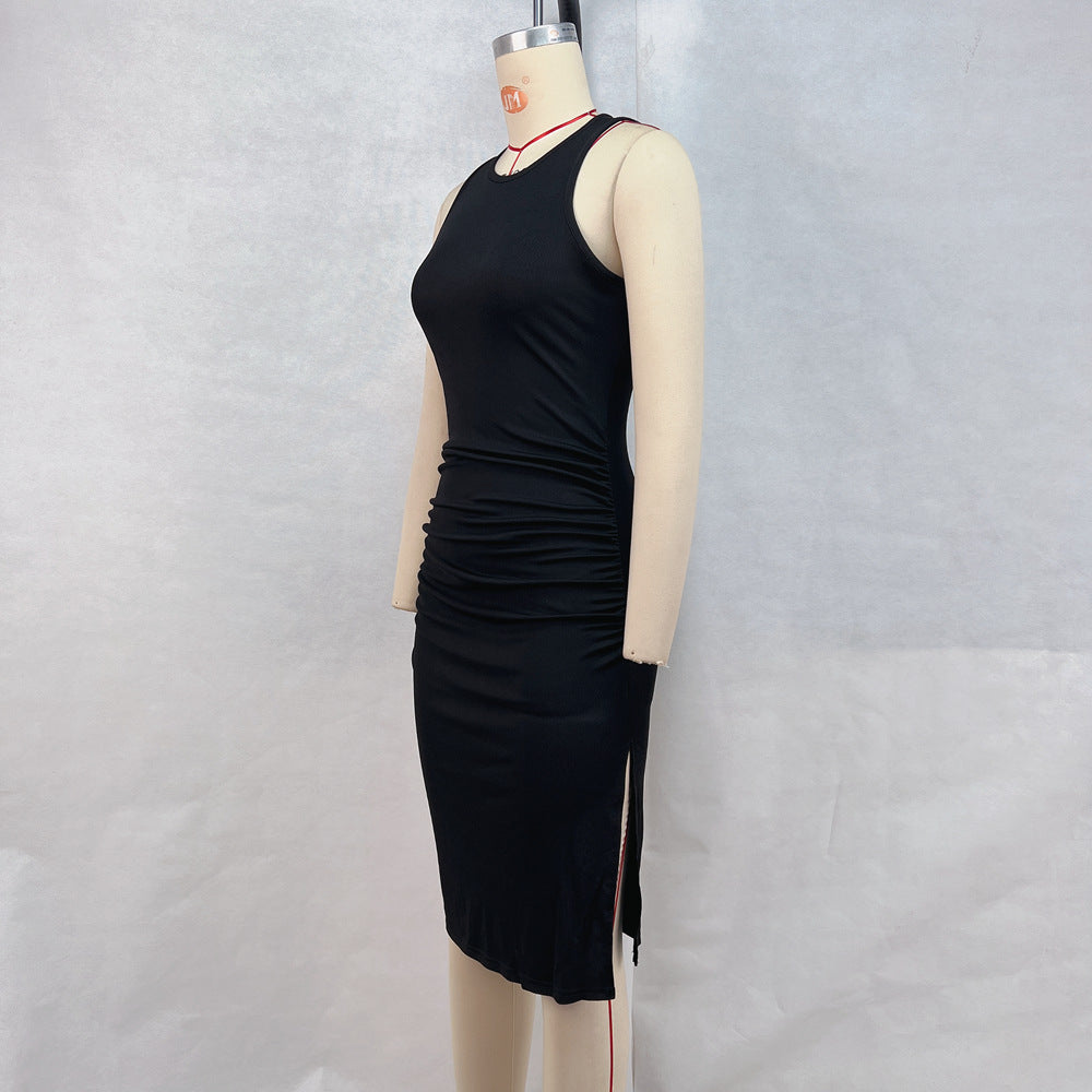 Women Clothing Summer round Neck Sleeveless Tight Waist Hip Split Dress Women